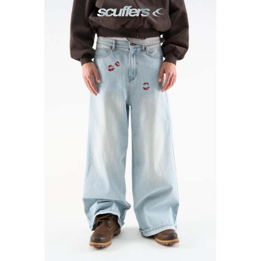 Scuffers Kiss Me Blue Denim Baggy Wide Leg Jeans Mens 44 (US 34x32) Lips Print